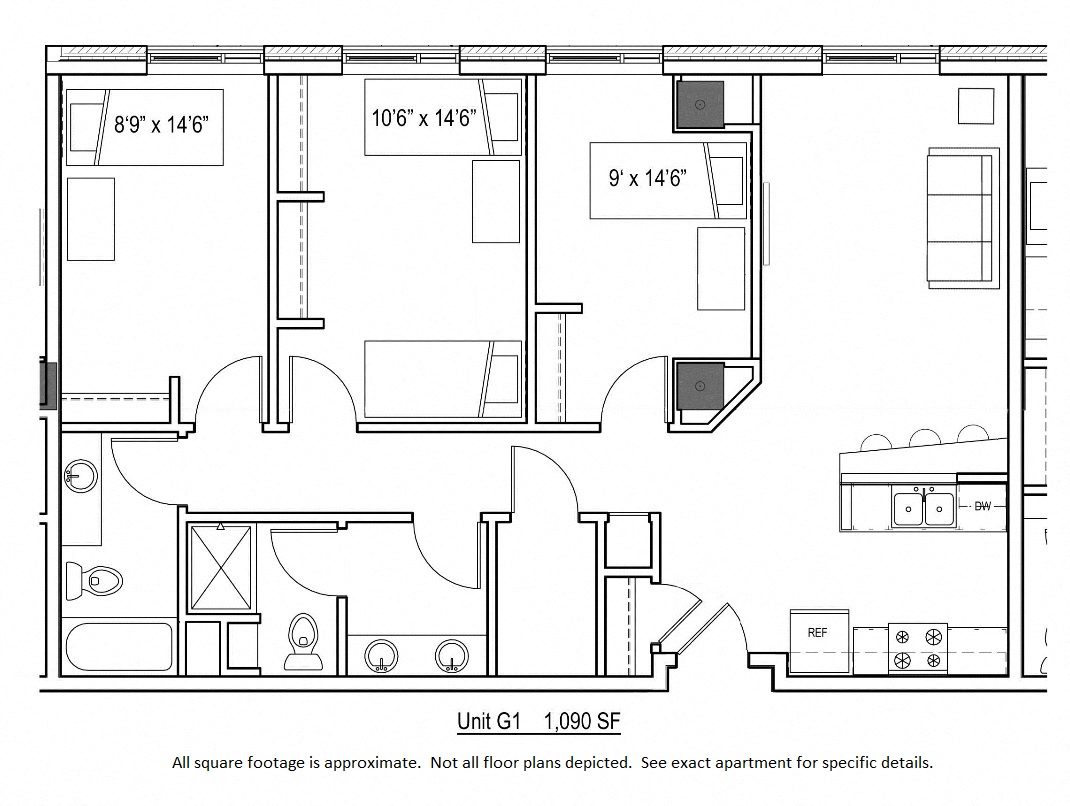 Floor plan for 3 beds, 2 baths, 1090 sqft
